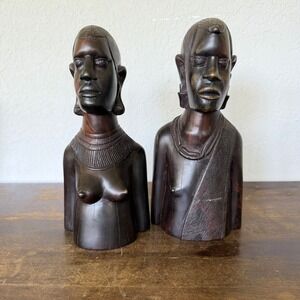 Vintage Kenyan Hand Carved Wood African Bust Bookends Male Female Pair MCM